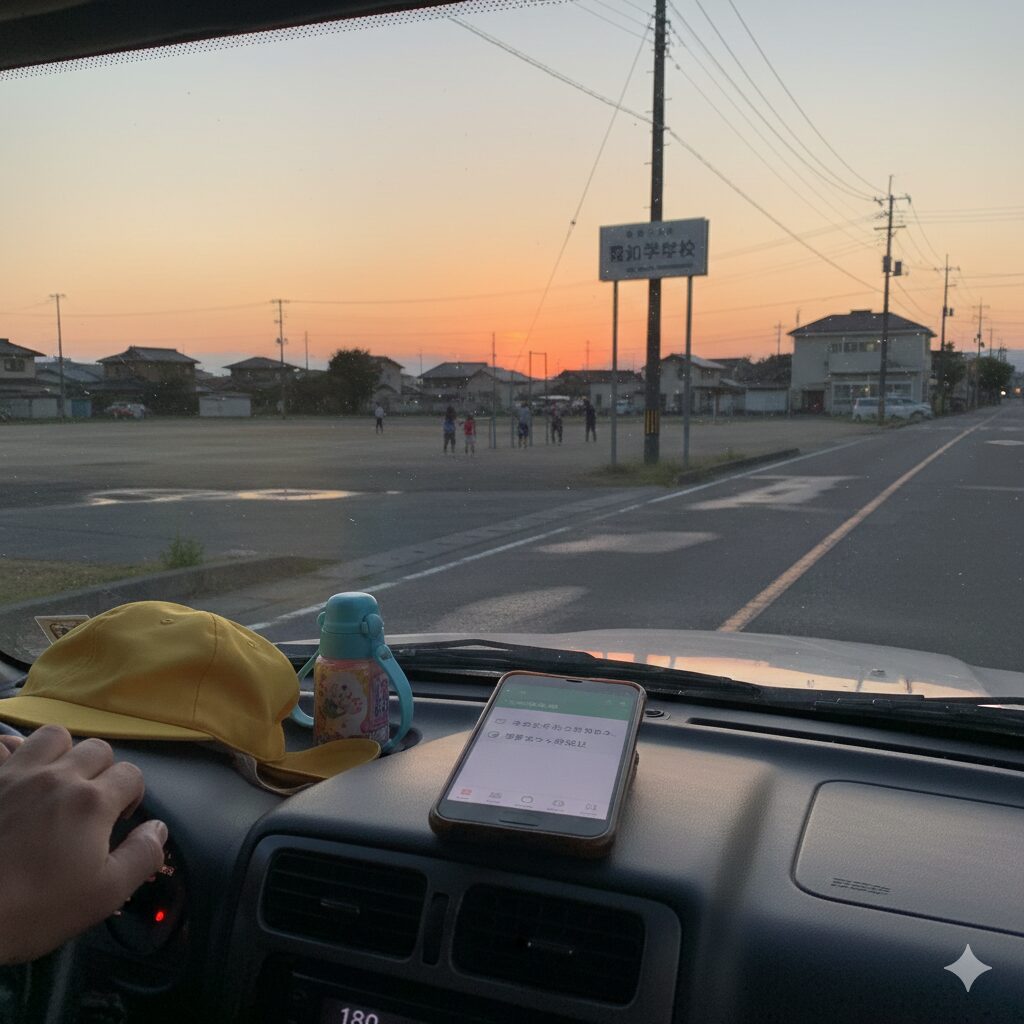 娘を小学校に迎えに行く車内